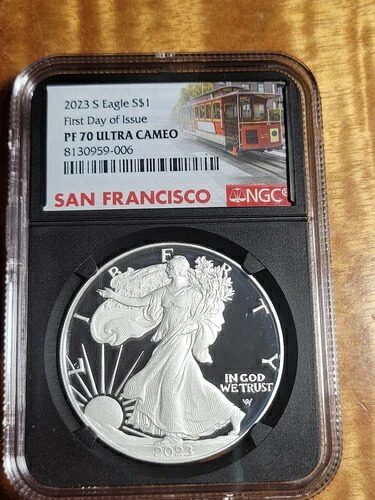 2023 S プルーフ シルバー イーグル NGC PF70 UC 初日発行 FDI レッド ケーブルカー 59-006