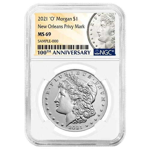 2021年 1ドル モルガン銀貨「O」プライベートマーク NGC MS69 100周年記念ラベル