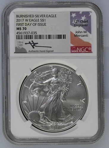 2017年 W バーニッシュド シルバー イーグル NGC MS70 初日発行 メルカンティ 直筆サイン入り 7035