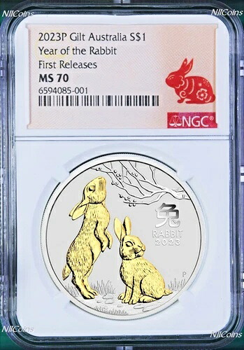 2023年 オーストラリア 金箔押しシルバー 卯年 NGC MS 70 1オンス コイン FR GILT｜WORLD RESOURCE【QUEEN店】