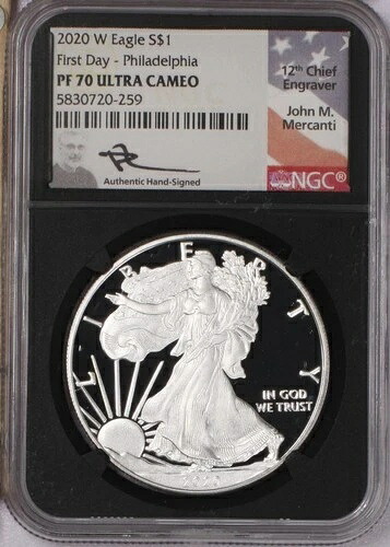 2020-W シルバーイーグル 1オンス $1 フィラデルフィア 初日 NGC PF70 ウルトラカメオ