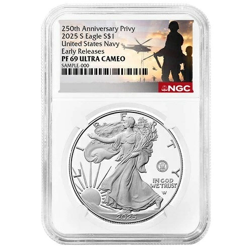 2025-S プルーフ 1ドル アメリカン シルバー イーグル ネイビー プライビー NGC PF69UC ER ミリタリーラベル