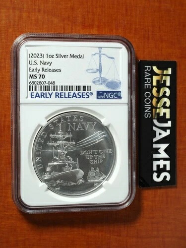 2023年 シルバー アメリカ海軍メダル NGC MS70 初期リリースラベル 1オンス .999 良品