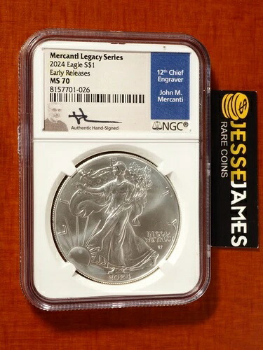 2024 シルバーイーグル NGC MS70 メルカンティサイン入り 初期リリースレガシーシリーズ ラベル-