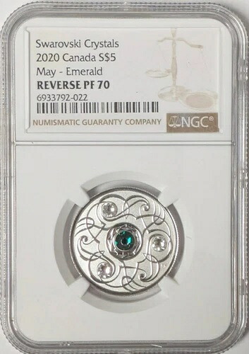 2020年カナダ誕生石エメラルド スワロフスキークリスタル 5ドル銀貨 NGC PF70 - F17