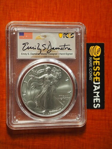 2022年 シルバーイーグル PCGS MS70 ファーストストライク エミリー・ダムストラ 直筆サイン入りイーグルラベル