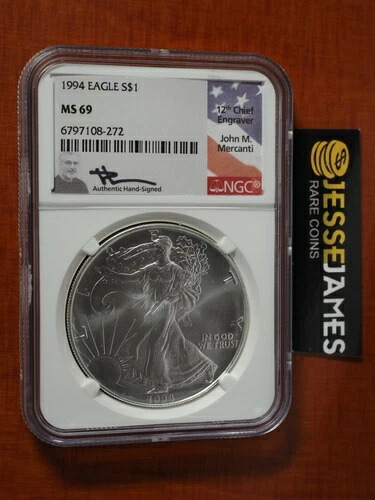 1994年 1ドル アメリカン シルバー イーグル NGC MS69 ジョン・マーカンティ 直筆サイン入り 旗ラベル