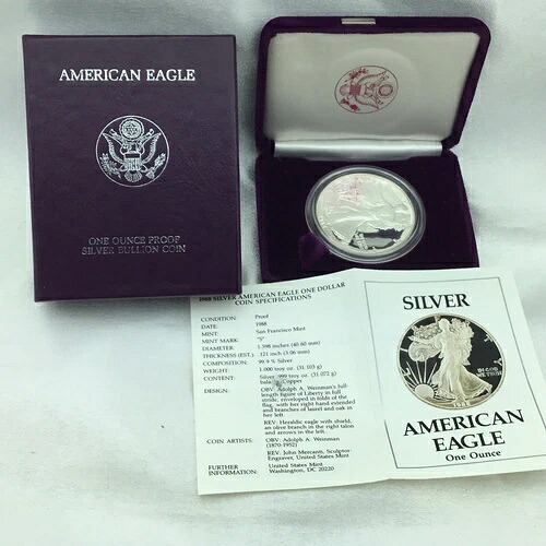 1988-S 1オンス プルーフ アメリカン シルバー イーグル (COA とボックス付き)、米国造幣局