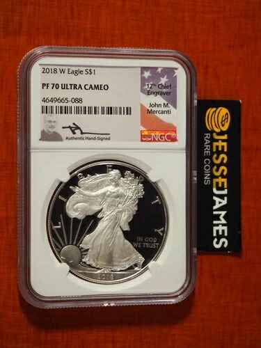 2018 W プルーフ シルバー イーグル NGC PF70 ウルトラ カメオ ジョン マーカンティ サイン入り フラッグ ラベル!