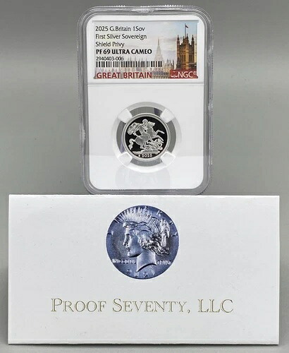 2025年英国ファースト・シルバー・ソブリン金貨（国王マーク付き）、NGC PF 69ウルトラカメオ 59,400円