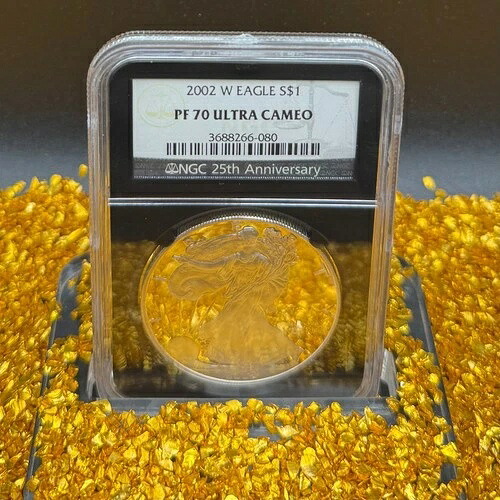 プルーフ 2002 W $1 シルバー イーグル NGC PF70UC クラシック ブルー ラベル ブラック コア スポットレス!
