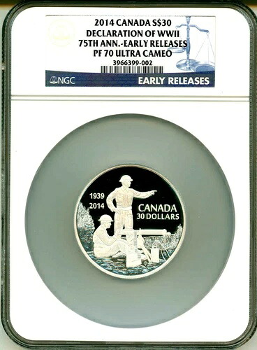 2014年 カナダ 30シンガポールドル 第二次世界大戦75周年記念宣言 2オンス シルバー ER NGC PF70 UC