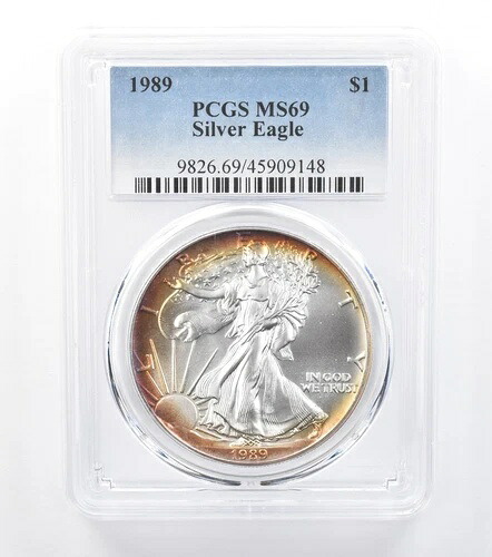 1989年 アメリカン シルバー イーグル MS69 PCGS レッド/イエロー ペリフェラルトーン *7761