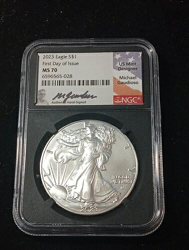 2023 シルバーイーグル NGC MS70 マイケル・ガウディオーソ サイン入り 発行初日 FDI ラベル