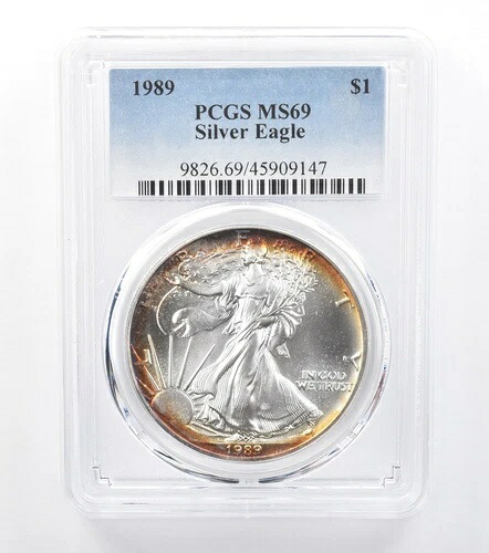 1989年 アメリカンシルバーイーグル MS69 PCGS レッド/イエロー ペリフェラルトーン *7762