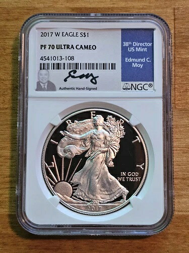 2017-W 1ドル アメリカン シルバー イーグル 1オンス .999 シルバー プルーフ エドマンド C モイ NGC PF70 UCAM