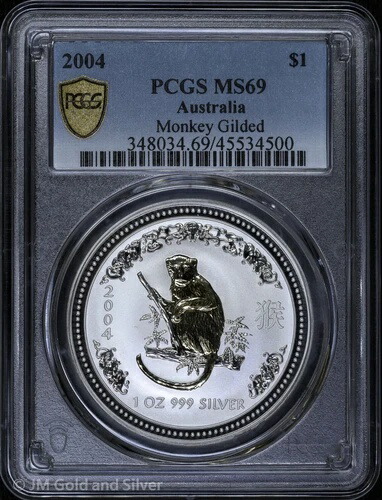 2004年 オーストラリア 1オンス 銀メッキ 申年 1ドル PCGS MS 69