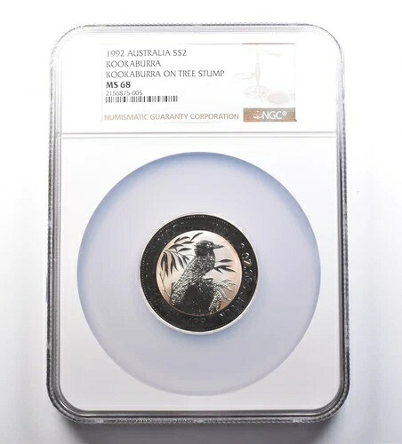 1992年 オーストラリア 2ドル銀貨 ワライカワセミ（木の切り株に止まる） MS68 NGC *4696