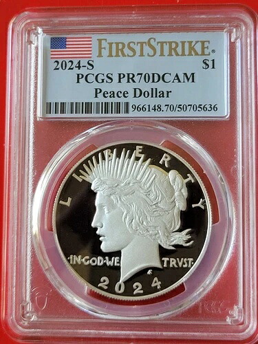 2024-S ピース ファースト ストライク プルーフ シルバー ダラー PCGS PR70 DCAM、COA およびボックス付き。