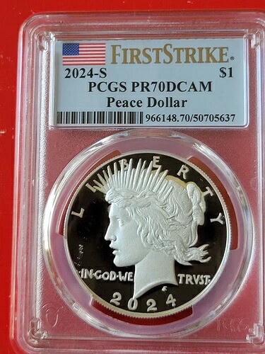 2024-S ピース ファースト ストライク プルーフ シルバー ダラー PCGS PR70 DCAM、COA およびボックス付き。
