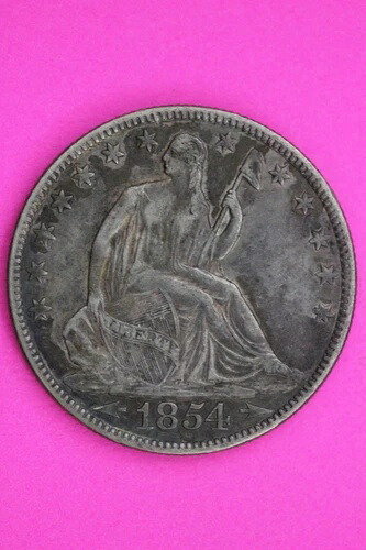 自然な色合いの1854年製O座像リバティハーフドル銀貨 本物 1129