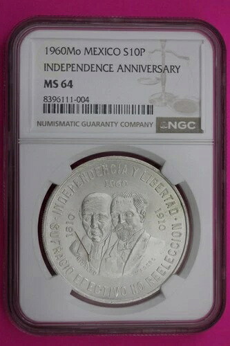 1960年 MS 64 メキシコ 10ペソ銀貨 NGC 鑑定済み 本物スラブ 566