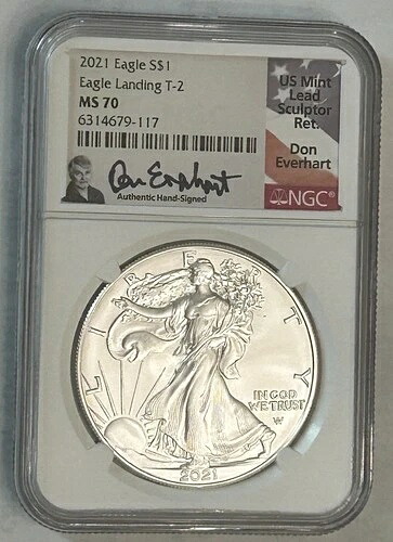 2021年 アメリカン シルバー イーグル NGC MS 70 ドン・エバーハート直筆サイン入り T-2 フラッグラベル