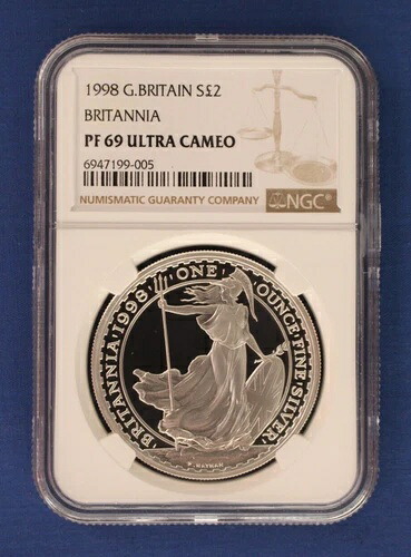 1998年 ロイヤルミント 1オンス シルバー プルーフ ブリタニア 2ポンド コイン NGC グレード PF69 ウルトラカメオ