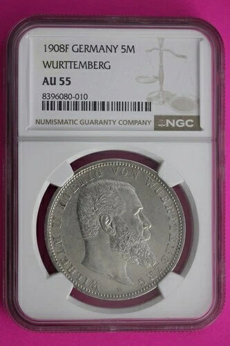 1908年 F AU 55 ドイツ ヴュルテンベルク州 5 マークシルバーコイン NGC認定本物 635-