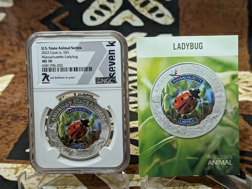 アメリカ合衆国州動物シリーズ 2022 クック島 S$5 マサチューセッツ州-テントウムシ MS70 NGC