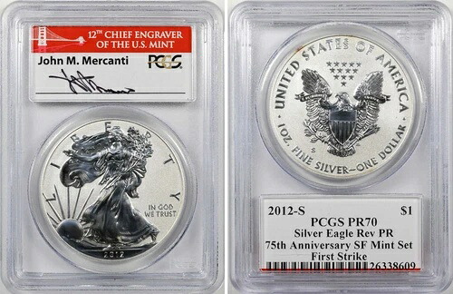 2012-S プルーフ リバース PR70 PCGS ファースト ストライク シルバー イーグル メルカンティ ブリッジ ラベル-