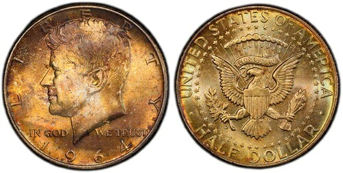 レインボートーン 1964 D MS 66 ジョン・F・ケネディ シルバーハーフドル PCGS グレード 162 58,685円