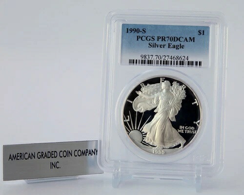 1990-S- シルバーイーグル PCGS PR70 DCAM プルーフ-ローポップ-