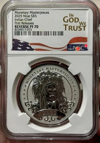 2025年 貨幣の傑作 ニウエ 5ドル銀貨 インディアン・チーフ・ファースト・リリース REV PF70