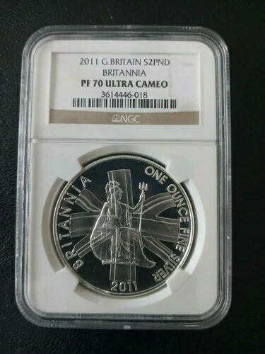 2011年ブリタニア、1オンス0.999純銀、2英ポンド、NGC PF70