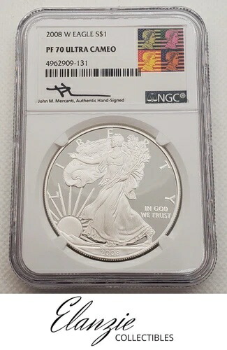 2008-W プルーフ シルバー イーグル NGC PF70 ウルトラカメオ ジョン・マーカンティ サイン入り レーガンラベル