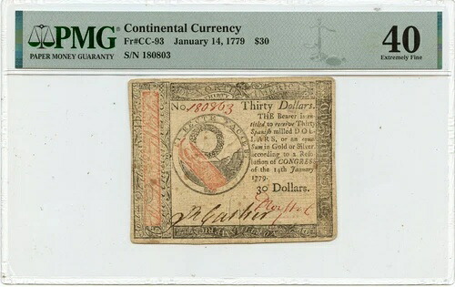 1779年 1月14日 $30 大陸通貨 FR#CC-93 PMG XF40-