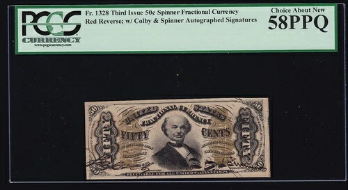 米国 50セント フラクショナル通貨 サイン入り 赤裏 FR 1328 PCGS 58 PPQ Ch AU (-001)