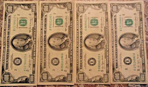 1969年-Aおよび1977年 $100米国連邦準備銀行紙幣: 4枚セット-