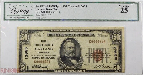 1929年 タイプ1 $50 Fr. 1803-1 チャーター #12665 lcg vf-25-