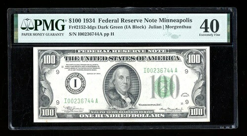 DBR 1934 $100 DGS FRN ミネアポリス Fr. 2152-Idgs PMG XF-40 シリアル I00236744A
