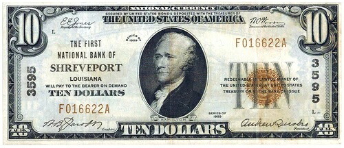 1929年 $10 タイプ 1 シュリーブポート、LA。 ナショナル銀行券 ☆☆ Fr#1801☆622A-