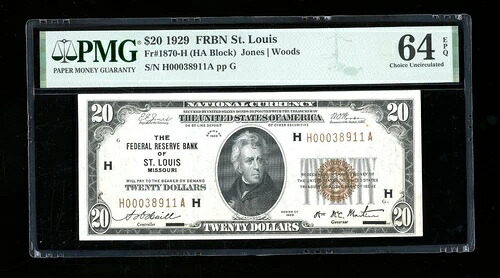 DBR 1929 $20 FRBN セントルイス Fr. 1870-H PMG 64 EPQ シリアル H00038911A