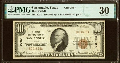 1929年 $10 サンアンジェロ ファーストナショナルバンク Ch. # 2767 PMG Very Fin