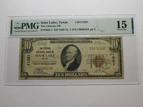 $10 1929 サワー レイク テキサス TX 国立銀行通貨券ビルCh. #11021 F15 PMG-