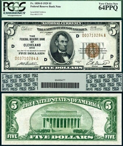1929年 $5 FRBN FR-1850-D クリーブランド オハイオ PCGS CU64 PPQ S/N D03710284A ブラウンシール