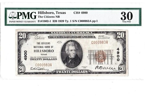 1929年 $20 ナショナル ヒルズボロ テキサス テキサス ???? PMG 30 非常に良い! ????-