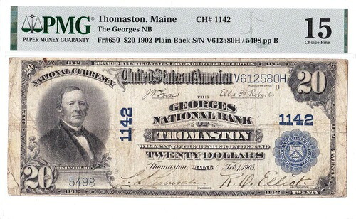 $20 1902 PB National THOMASTON メイン ME ???? 超レア! ???? 国勢調査でたった 1 枚!
