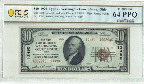 $10 1929 Ty2 ワシントン CH オハイオ ナショナル通貨紙幣 PCGS 64 PPQ UNC Ch. 13490-