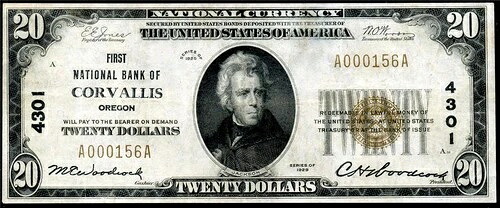 HGR 1929 $20 CORVALLIS Oregon CH#4301 ((Wanted Oregon)) 少量流通のみ